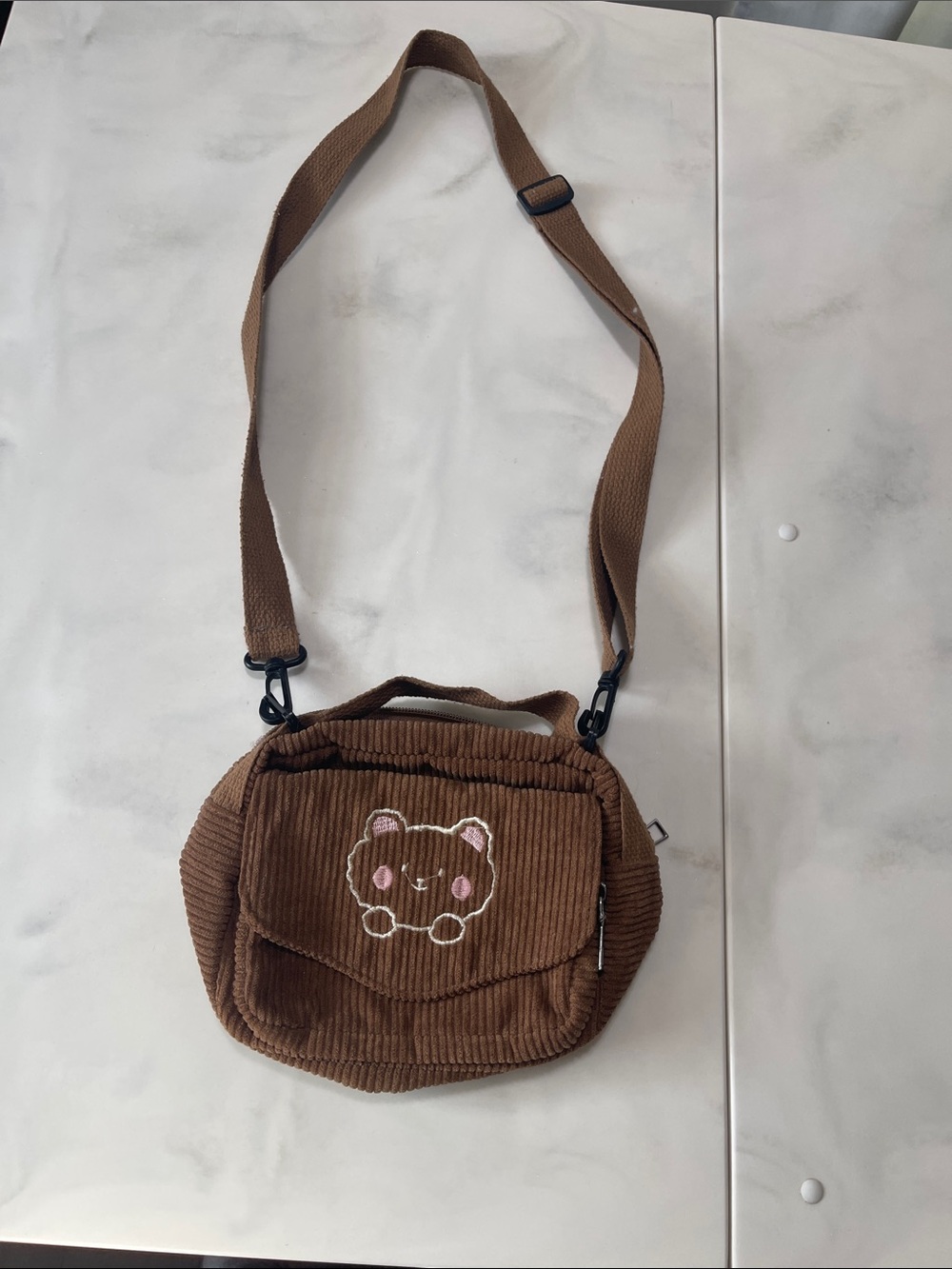 Cute Brown Corduroy Crossbody Bag with Bear Embroidery